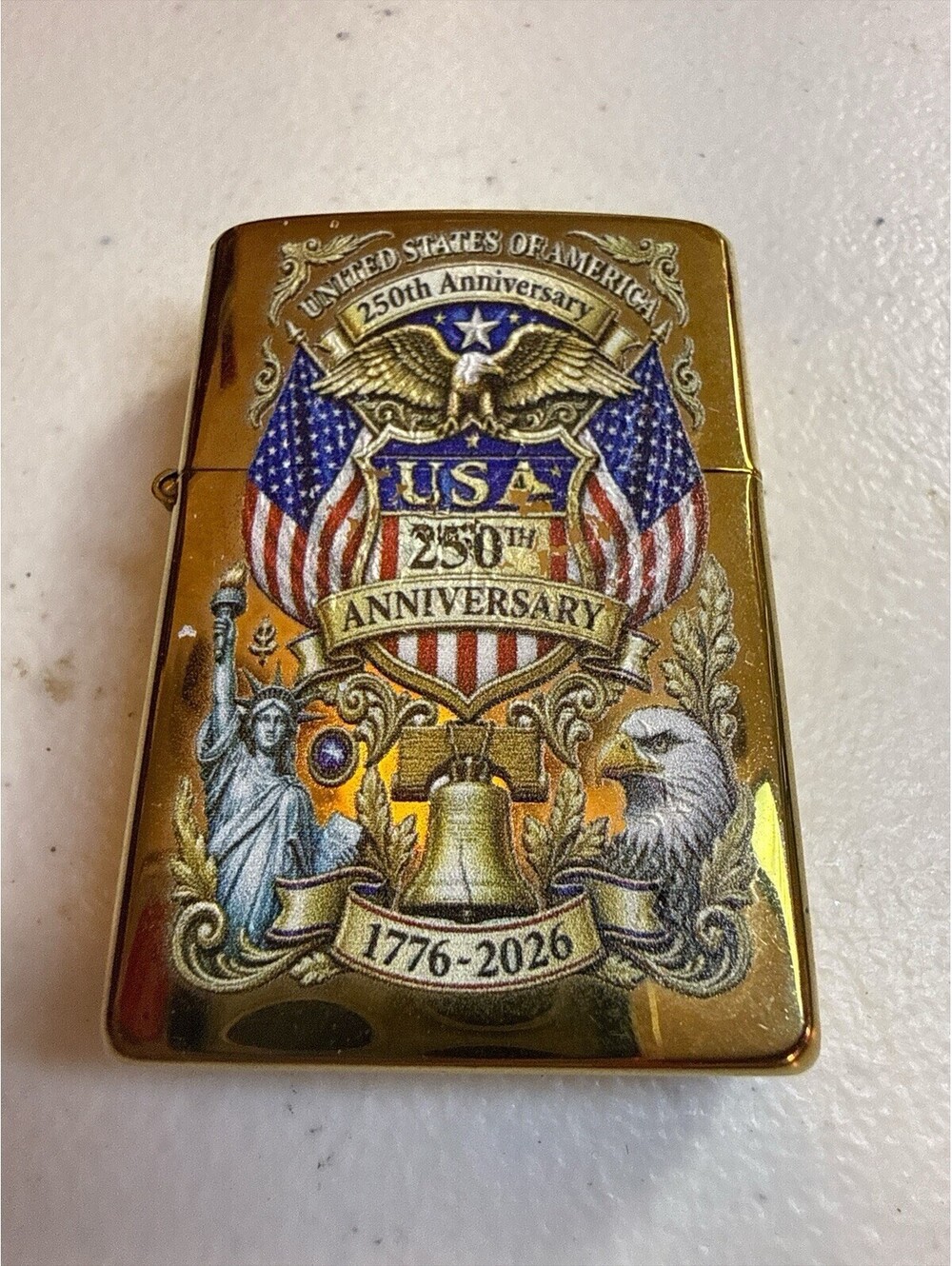 USA 250th Anniversary 1776-2026 Patriotic Eagle Gold Tone Pocket Lighter